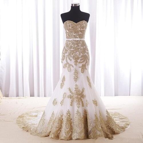 Sexy Mermaid White And Gold Wedding Dress Cheap Real Photos Sweetheart Chapel Train Applique Lace Bridal Dress For Women Girls