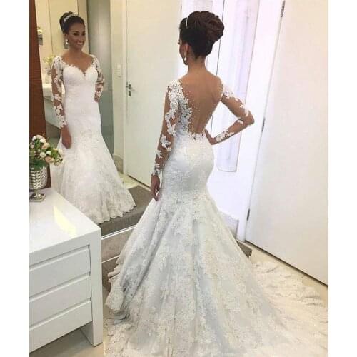 Lace Long Sleeve Mermaid Wedding Dresses Beaded 2021 Applique Sexy Backless Wedding Dress Bridal Gowns Custom Vestidos De Novia