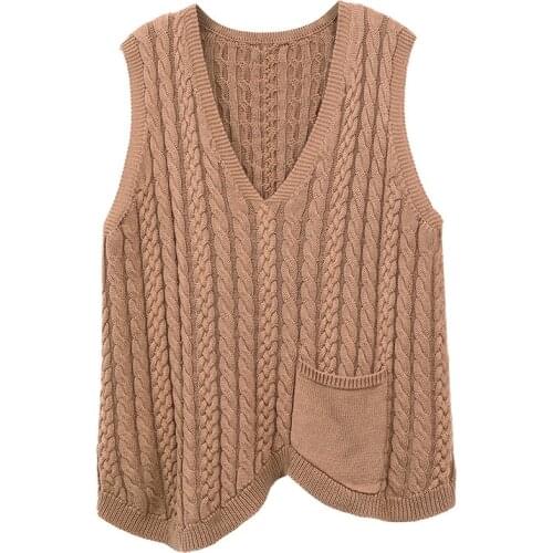 Literary cotton thread twist knit vest women loose and thin retro pullover vest V-neck sweater spring and autumn models