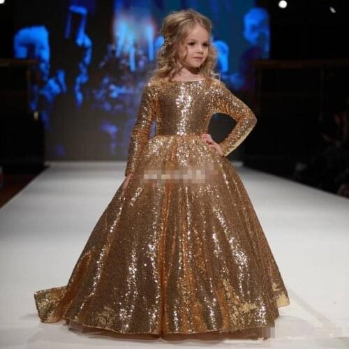 Gold Girls Pageant Dresses For Weddings Ball Gown Long Sleeves Sequins Sparkle Long Flower Girl Dresses For Little Girls