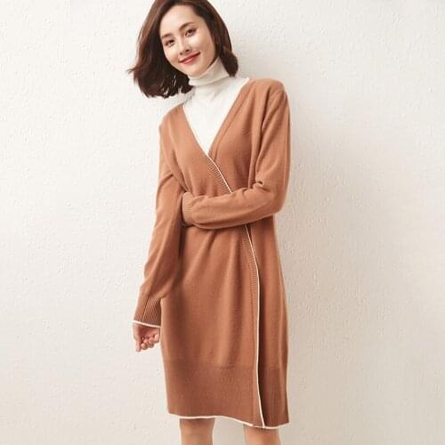 2021 Winter Lady Clothes Women Splicing-Style Dresses 100% Wool Knitting Jumpers High Neck Pullovers Female Cashmere Tops