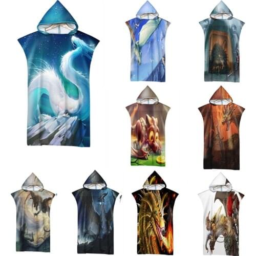 2021 Quick Drying Microfiber Beach Towel Hooded Printed Dragon Surf Soft Swimsuit Poncho Changing Bathrobe Adult Sport Cloaks