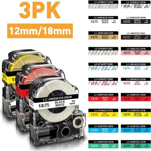 Topcolor 3PK 18mm Black on White Labeling Tape Replace Epson KingJim Label Printer SS18KW 3/4" Ribbon for Epson Labeller LW-700