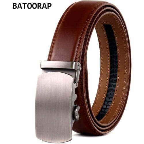 BATOORAP Mens Leather Belts Metal Automatic Buckle Click Casual Brown Ratchet Belt Straps TZP-QS006
