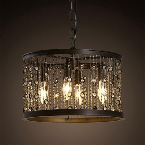 Black Iron American Style Pendant Light For Dining Room Living Room Coffee shop Restaurant Hall Hotel Circular Crystal Lamp