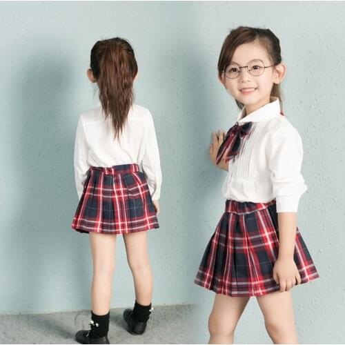 90-130cm Children British Style School Uniform for Kids Girls White Blouse Red Plaid Skirt Set Choir Performance Dance Costumes