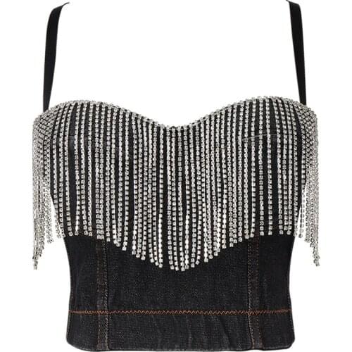 Denim heavy tassel performance dress women Bar DJ disco dancing tops shaping summer short crop tops strap vest dance vest
