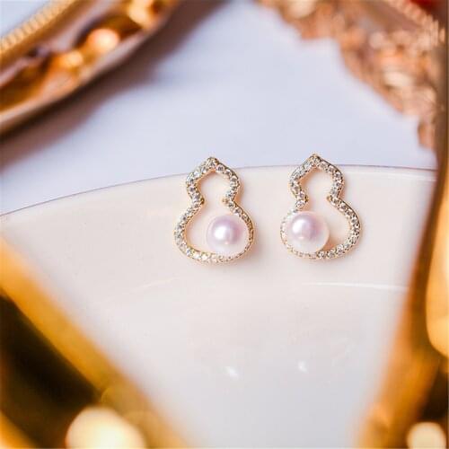 Earstud Gourd Pearl Earrings for Women with Zircon Diamond 14K Gold Filled Silver 925 Eerrings