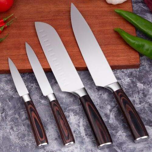 Kitchen Knife 4pcs Japanese Knives Set High Carbon Forged Chef Santoku knife 7CR17 Steel Mirror Polishing with Wooden handle