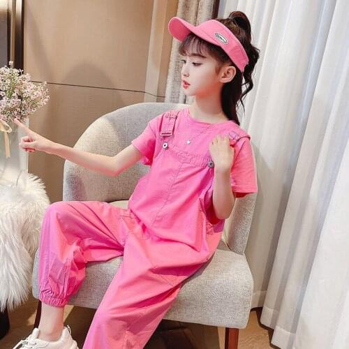 Girls Summer Clothes Short Sleeve Outfits Baby Kids Girls T Shirt + Overalls 2Pcs Clothing Sets 3-13 Years Children Sports Suit