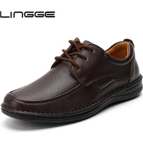 LINGGE 2020 Handmade Men Casual Shoes 100% Genuine Leather Men Flats Shoes Men Business Leather Shoes Leisure Men Moccasins