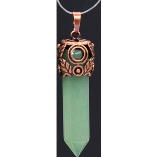 Trendy-beads Copper Plated Leaf Natural Green Aventurine Hexagon Pillar Pendant Personalized Jewelry