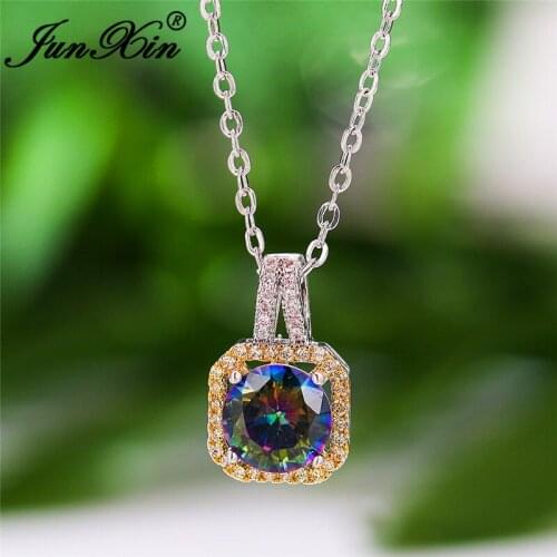 Mystic Rainbow Crystal Geometric Square Pendant Necklaces For Women Two Tone White Gold Gold Metal Yellow Zircon Wedding Choker