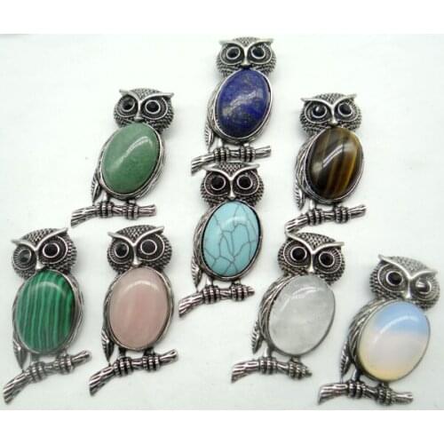 Natural stone Quartz Crystal lazuli tiger eye Opal mix stone bead animal Owl Archaize silver Pendant making Jewelry necklace 1PC