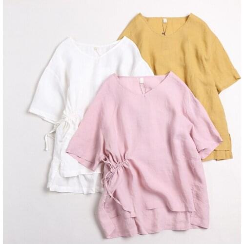 2020 New Summer Women Blouse Japan Style Mori Girl Solid Color Cotton and linen Shirt Loose Short Sleeve V-Neck Pullover Tops