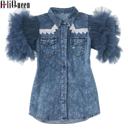 New Spring Summer Lace Patchwork Women Denim Coat Female Temprerament vintage Slim Mesh Sleeve Pockets Denim Shirt Jacket Tops