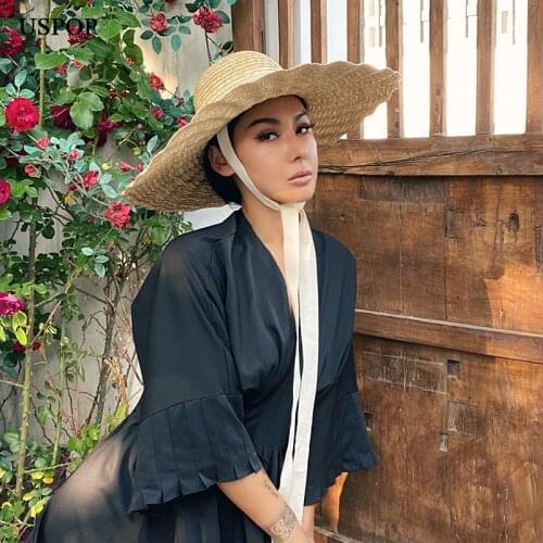 USPOP large wave brim straw hats women lace-up beach hats long ribbon natural wheat straw hats