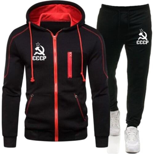 CCCP USSR Sets Tracksuit Men Autumn Winter Running Hooded Sweatshirt Workout set Sportswear 2020 Male Suit Sport Two Piece Set