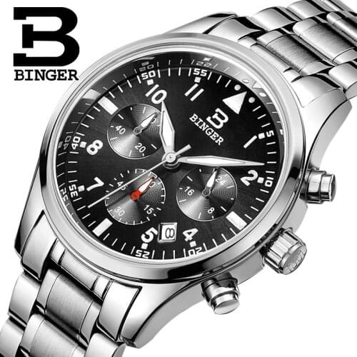 Switzerland BINGER mens watches luxury brand Quartz waterproof full stainless steel Chronograph Stop Watch Wristwatches B9202-2