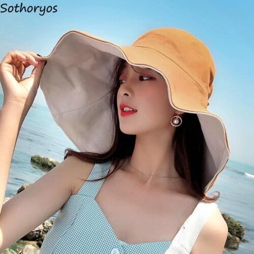 Bucket Hats Women Summer Sun-proof Wide-visor Solid Double-sided All-match Harajuku Beach Womens Stylish Leisure Sunbonnet Chic