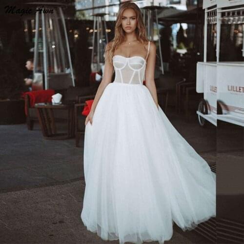 Magic Awn 2021 Boho Wedding Dresses Illusion Pearls Beaded Spaghetti Straps Beach A-Line Tulle Bridal Gowns Vestidos De Fiesta