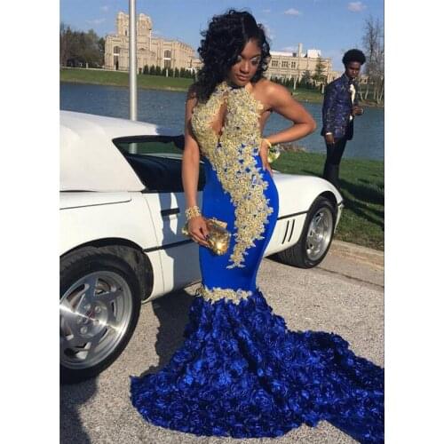 2019 Modern Royal Blue Halter Mermaid Evening Dresses with Gold Appliques Keyhole Rose Flower Prom Party Gown Vestido De Festa