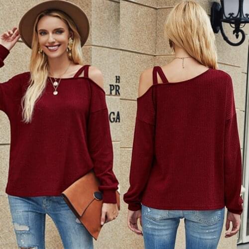 2020 Expose Shoulder long Sleeve Women Solid T Shirt Korean Plus Size Tee Shirts Female Pullover knitted Tshirt winter Top Tees