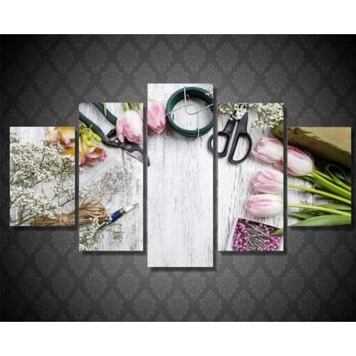 5 Pieces Canvas Art Prints Flower Painting Tool Scissors Tulip Poster Canvas Wall Art Poster Painting Printed Home Decor Artwork
