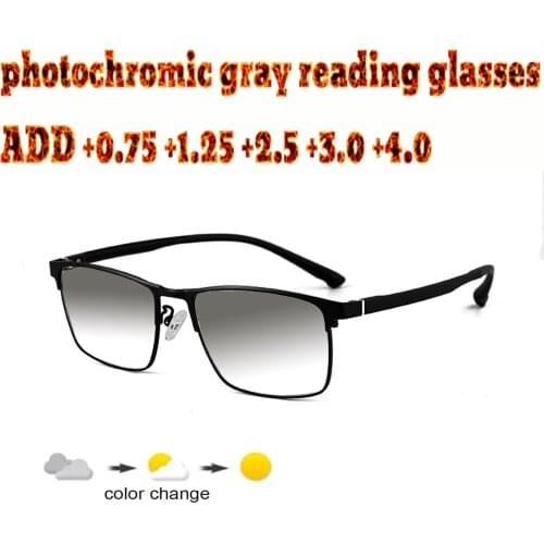 Business Mens Full Frame Photochromic Gray Reading Glasses Comfortable Alloy High Quality +1.0 +1.5 +1.75 +2.0 +2.5 +3 +3.5 +4
