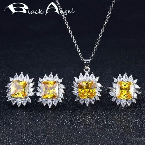 BLACK ANGEL 925 Silver Wedding Jewelry Set for Women Zircon Pendant Inlaid Yellow Blue Pink Crystal Necklace Earrings Ring Gifts