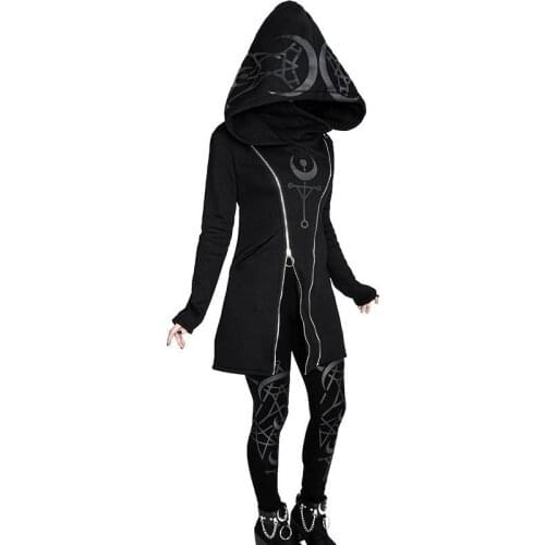 Gothic Punk Women Hooded Double Zipper Casual Black Hoodies Slim Fit Female Dark Sweatshirt Goth Outdoors Clothes Hoody