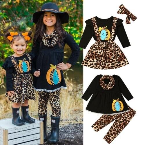 Halloween Children Clothes Toddler Kids Baby Girl Set Black T-shirt Tops Leopard Skirts Pants Headscarf Bib Outfit Sets 1-6Y