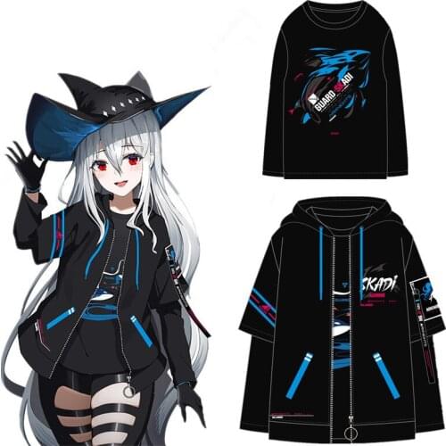 Game Arknights Skadi Cosplay Zipper Hoodies Casual Fake Two Pieces Hooded Coat Long Sleeve T-Shirt Tops Fashion Set Autumn