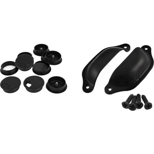 10 Pcs Round Plastic Computer Desk Cable Grommet Hole Cover & 2 Pcs Drawer Cabinet Door Metal Pull Knob Handles Black