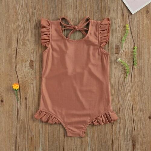 Toddlers Kids Girls One Piece Swimsuit Summer Swimwear Solid Color O-Neck Ruffle Sleeve Lacing Backless Monokini Fit 1-6 Years