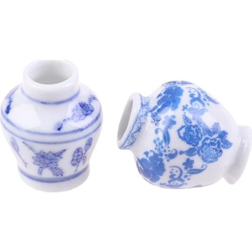 1 Set(2pcs) Mini Blue and white porcelain vase DIY Handmade Doll House Kitchen Ceramic Ornament Decora vase Dollhouse Miniatures
