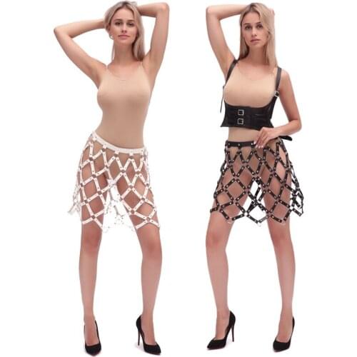 Sexy Cutout PU Leather Punk Goth Skirt Festive Carnival Skirt With Metal Rings Women Bound Bondage Belt Nightclub Clothing