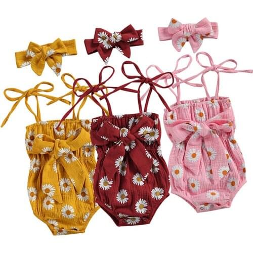 Infant Baby Girls Daisy Floral Printed Jumpsuits Outfits Tie Up Spaghetti Straps Bowknot Romper with Headband Summer Clothing