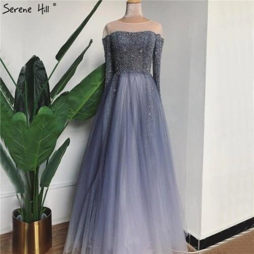 Gradient Color Grey O-Neck Sexy A-Line Evening Dresses 2020 Sequins Beading Long Sleeves Formal Dress Serene Hill BLA70345