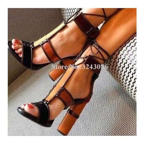 Sexy Peep Toe Chunky Heel Strappy Lace-up Lady Sandals Fashion Patchwork Luxury Dress Sandals Best Design Summer Party Shoes