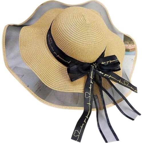 Girls Straw Cap Hepburn Style Lightweight Flowing Streamer Bows Elastic Band Fix Sun Cap Charming Lady Daily Accessory