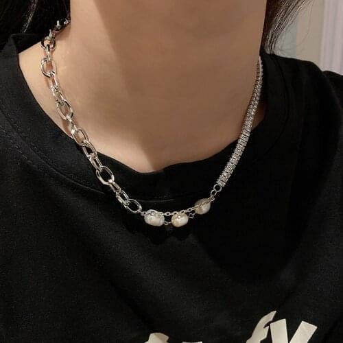 U-Magical Pink Hiphop Cubic Zircon Imitation Pearl Asymmetric Chokers Necklace for Women Chunky Chain Pendant Necklace Jewelry
