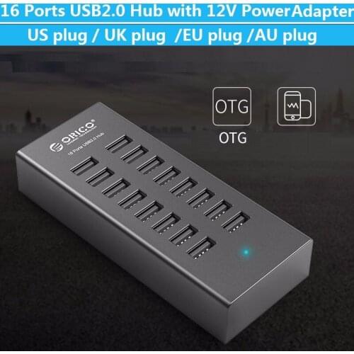 ONLIST ORICO16 Ports USB2.0 Hub with 12V Power Adapter 3.3Ft / 1M Data Cable for Apple Macbook Air Laptop PC Tablet