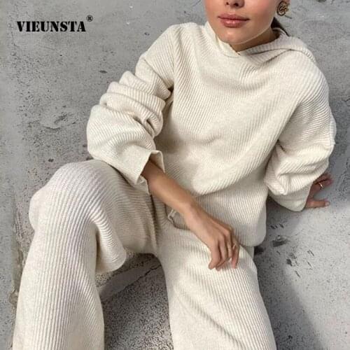 Spring Elegant Rib Knit 2 Piece Set Women Tracksuit Fashion Solid Loose Hooded Tops And Casual Wide Leg Pants Ladies Solid Suit