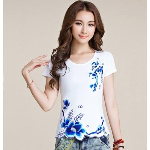 5XL Plus Size Chinese Style Embroidered T Shirt Women Summer Tops Short Sleeve Tshirt Women Vintage Cotton T-Shirt Femme C6214
