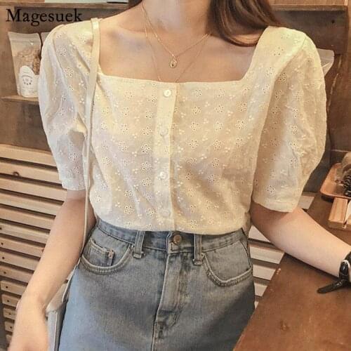 Embroidery Lace Up Summer Shirt Women Short Sleeve Hollow Button Tops Femme Casual Women White Cotton Vintage Blouse Blusa 10107