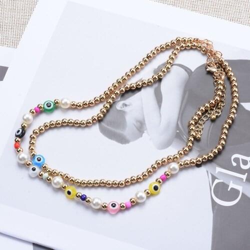 Summer Bohemian Colorful Double Layer Evil Eye Beads Pearl Choker Necklace Womens Fashion Wild Sweet Colorful Jewelry Gift