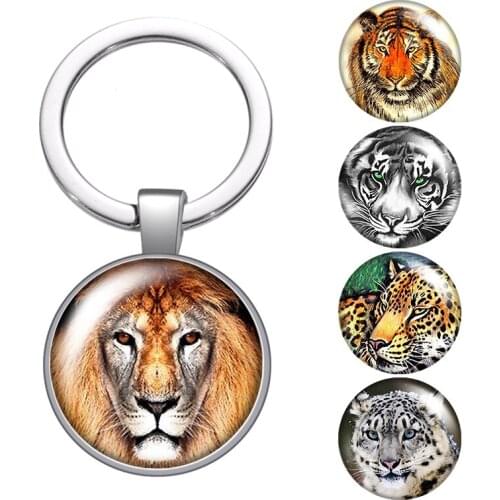Animals Lion Tiger leopard face beast glass cabochon keychain Bag Car key Rings Holder silver plated key chains Men Women Gifts