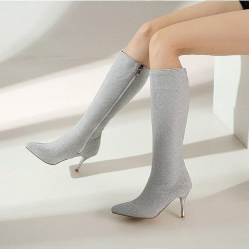 2021 Spring Autumn New Female Knee Boots Ladies Sexy Stiletto Zipper Knight Boots Silver Lady Red Yellow Black Womens Shoes