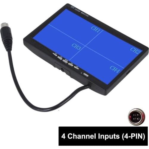 7" TFT LCD Car Rearview Quad Split Monitor Remote Control 4 Channels 4-PIN Connector Video Inputs Shockproof